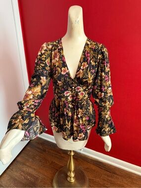 Black Floral Wrap-Style Peplum Blouse with Pink & Gold Blooms